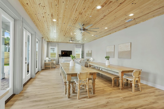 dining area with ceiling fan, wood ceiling, and light wood-type flooring