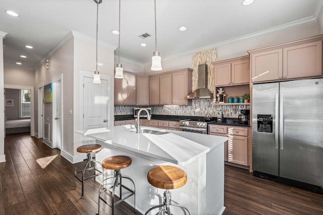 kitchen featuring sink, an island with sink, wall chimney exhaust hood, and appliances with stainless steel finishes