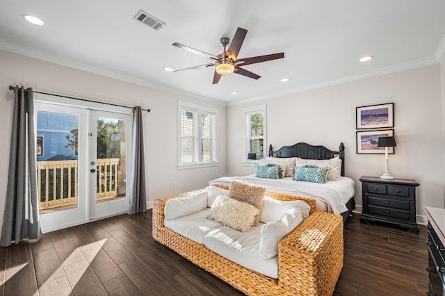 bedroom with crown molding, access to outside, dark hardwood / wood-style floors, and ceiling fan