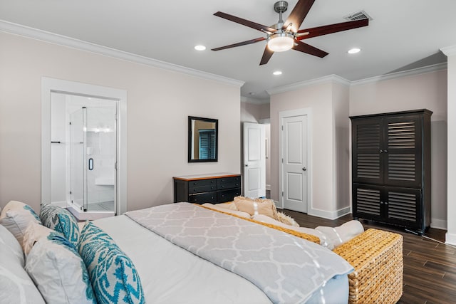 bedroom with ornamental molding, dark wood-type flooring, ceiling fan, and ensuite bath