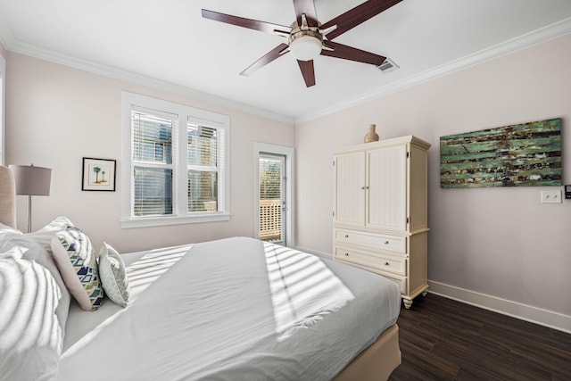 bedroom featuring crown molding, dark wood-type flooring, access to outside, and ceiling fan