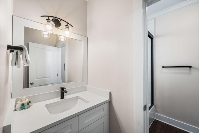 bathroom with vanity and wood-type flooring