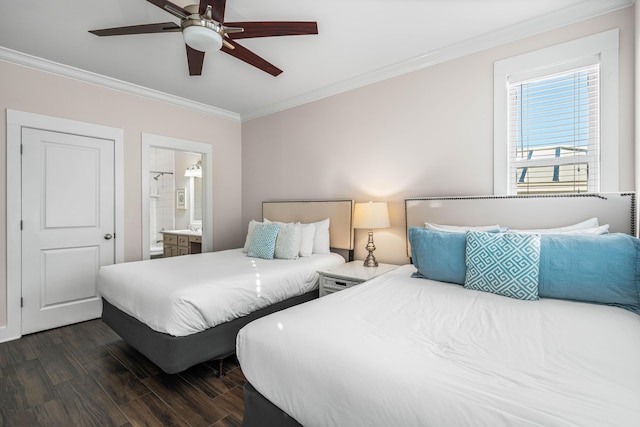 bedroom with ceiling fan, ornamental molding, dark hardwood / wood-style floors, and ensuite bathroom