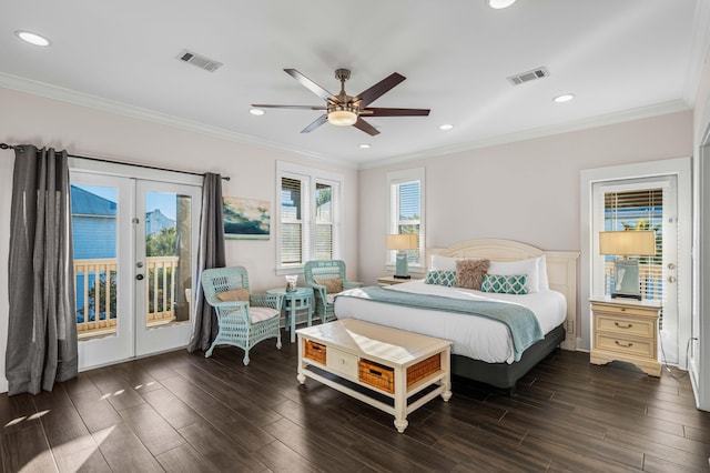 bedroom featuring crown molding, dark hardwood / wood-style floors, access to exterior, and french doors