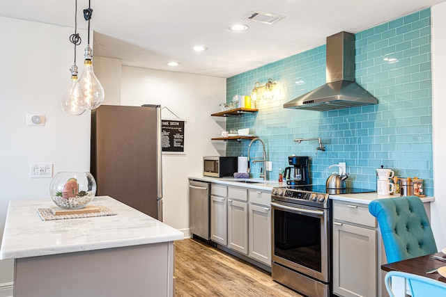 kitchen featuring appliances with stainless steel finishes, gray cabinetry, decorative backsplash, sink, and wall chimney exhaust hood