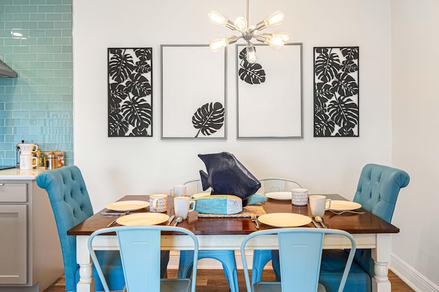 dining area with hardwood / wood-style floors and a chandelier