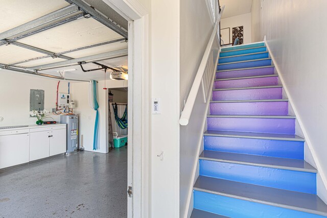 staircase featuring electric panel and water heater