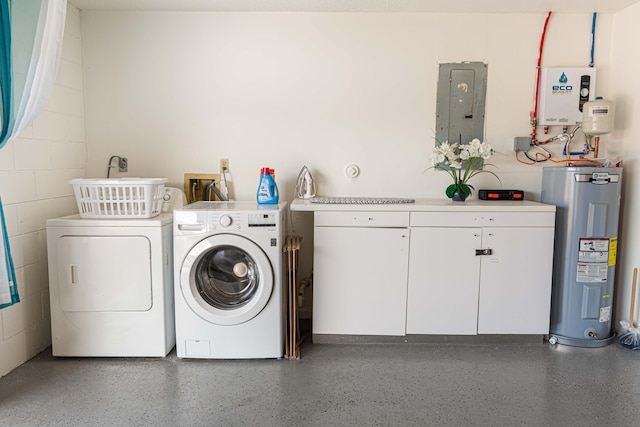 clothes washing area with washing machine and dryer, electric panel, cabinets, and water heater