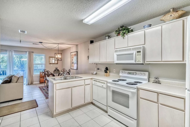 kitchen featuring white appliances, kitchen peninsula, a textured ceiling, sink, and white cabinetry