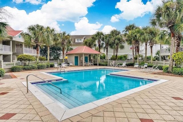 view of pool featuring a gazebo and a patio