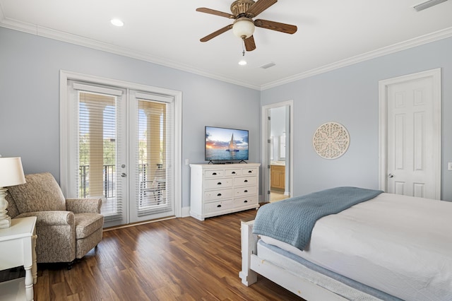 bedroom with ornamental molding, dark wood-type flooring, access to exterior, and french doors