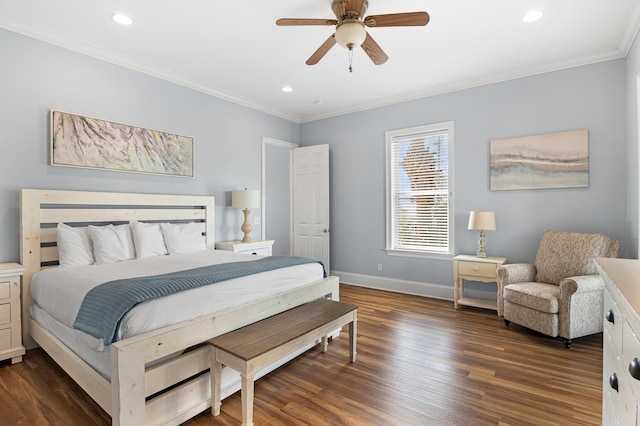 bedroom with ceiling fan, ornamental molding, and dark hardwood / wood-style flooring