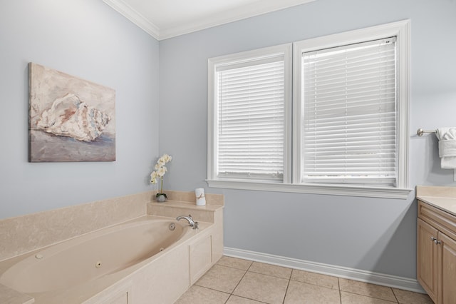 bathroom with ornamental molding, a bathing tub, tile patterned flooring, and vanity