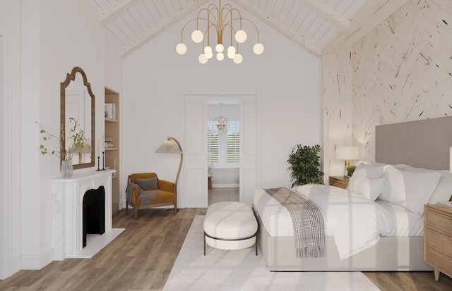 bedroom featuring high vaulted ceiling, beam ceiling, and wooden ceiling