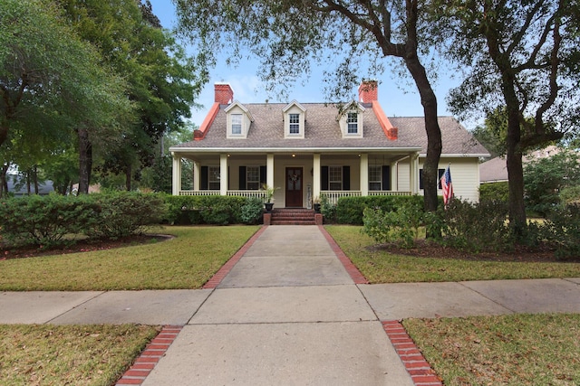 cape cod house featuring a porch and a front lawn