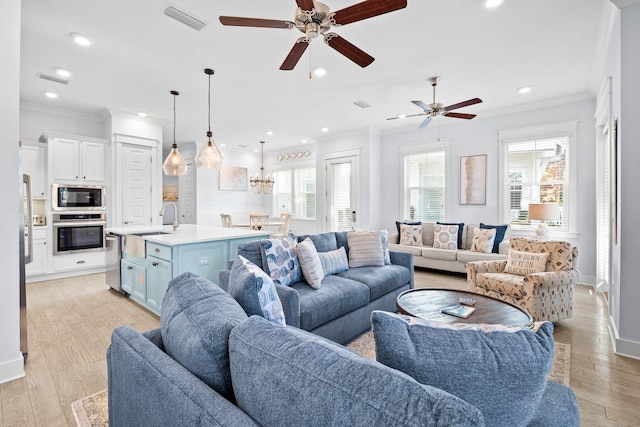 living room with light hardwood / wood-style flooring, a healthy amount of sunlight, and sink