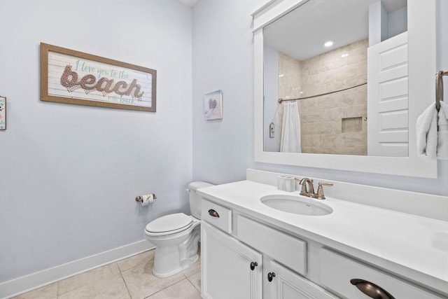 bathroom with toilet, tile patterned flooring, a shower with shower curtain, and vanity