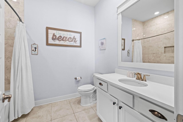 bathroom featuring a shower with curtain, tile patterned flooring, vanity, and toilet