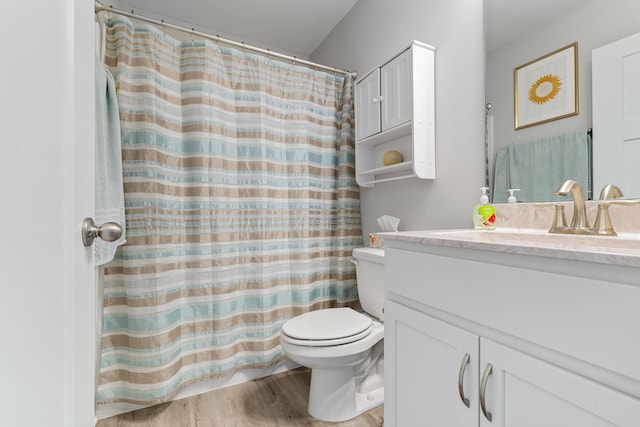 full bathroom with vanity, toilet, and wood finished floors