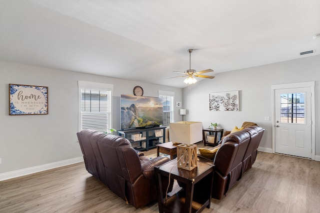 living room featuring lofted ceiling, wood finished floors, visible vents, and baseboards