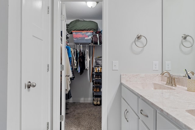 full bathroom featuring double vanity, baseboards, a walk in closet, and a sink