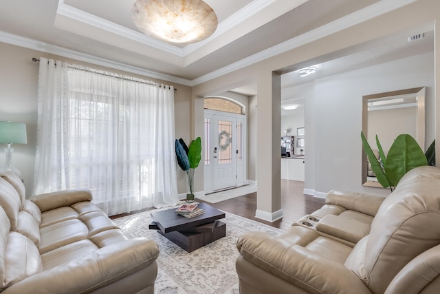 living room with crown molding, wood-type flooring, and a raised ceiling