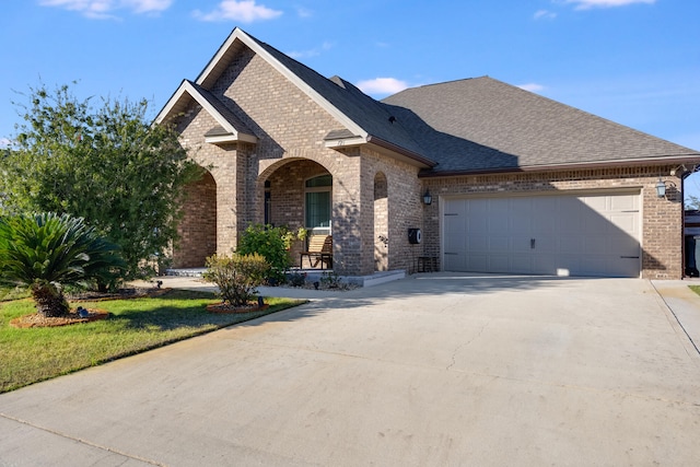 view of front of house with a garage, a front yard, and covered porch