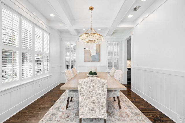 dining space with dark hardwood / wood-style flooring, a notable chandelier, beam ceiling, and coffered ceiling