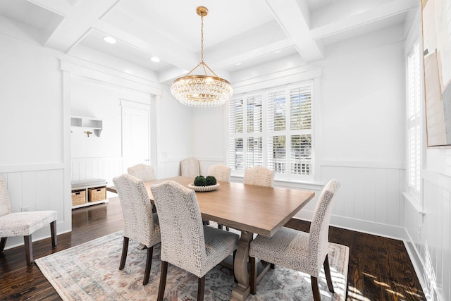 dining room with an inviting chandelier, beam ceiling, dark hardwood / wood-style flooring, and coffered ceiling