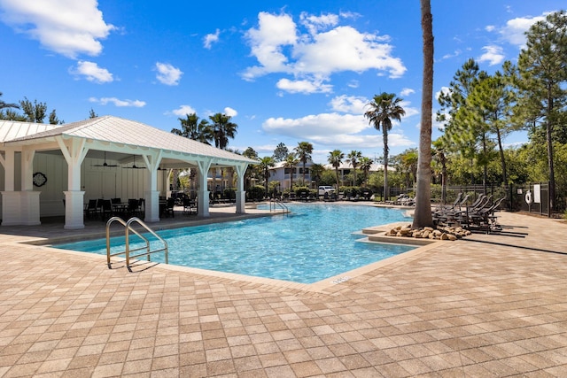 view of pool featuring a gazebo and a patio area