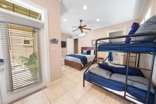 tiled bedroom with a wall mounted air conditioner, ceiling fan, crown molding, and multiple windows