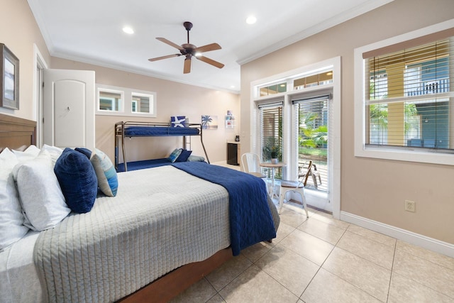 bedroom featuring ceiling fan, access to outside, ornamental molding, and light tile patterned floors