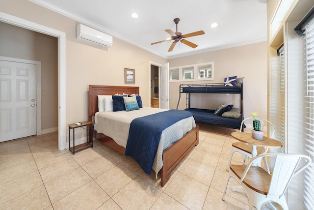 tiled bedroom with ceiling fan, a wall mounted AC, ornamental molding, and multiple windows