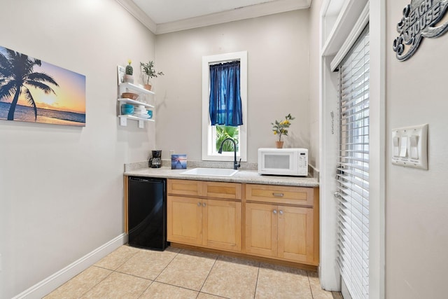 bar with refrigerator, ornamental molding, light tile patterned floors, and plenty of natural light