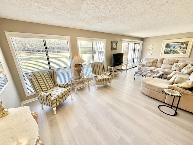 living room with a textured ceiling and light hardwood / wood-style floors