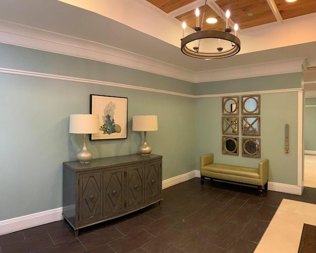 living area featuring ornamental molding, dark tile patterned floors, wooden ceiling, and beamed ceiling