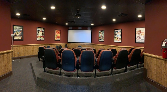 carpeted cinema room with wooden walls