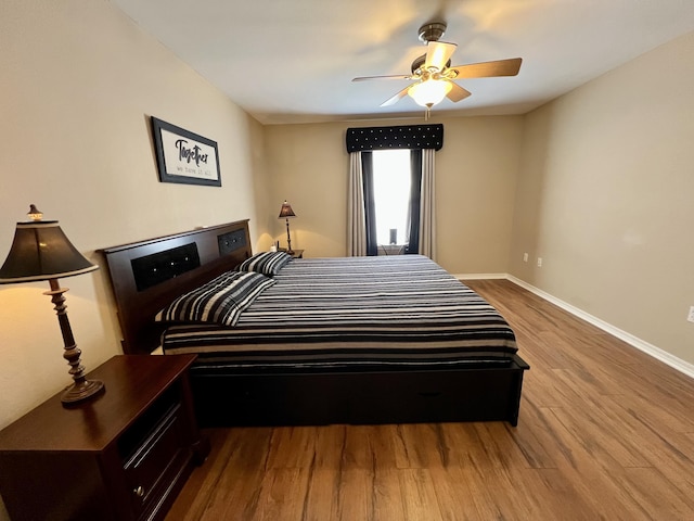 bedroom with ceiling fan and wood-type flooring