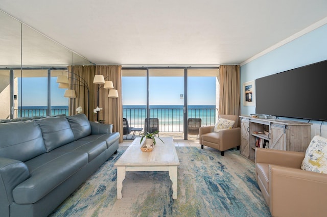 tiled living room with floor to ceiling windows