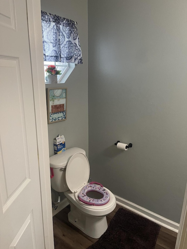 bathroom with toilet and hardwood / wood-style flooring