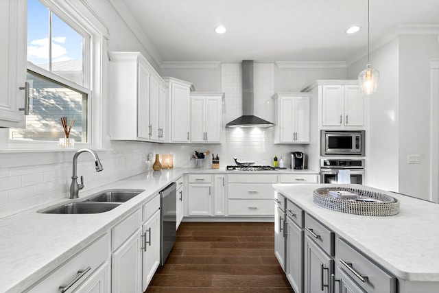 kitchen featuring white cabinets, appliances with stainless steel finishes, wall chimney exhaust hood, tasteful backsplash, and sink