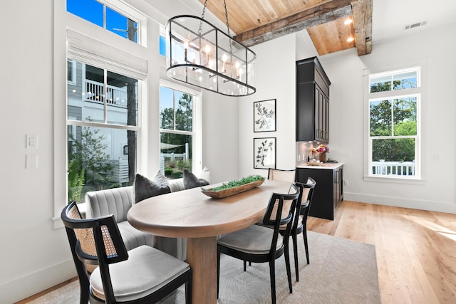 dining room with wooden ceiling, an inviting chandelier, light wood-type flooring, and beam ceiling