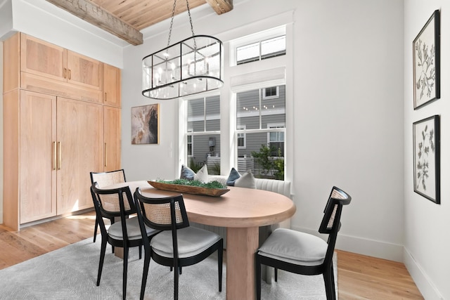 dining space with wooden ceiling, a notable chandelier, light hardwood / wood-style floors, and beamed ceiling