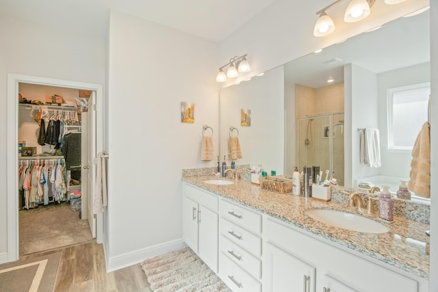 bathroom with vanity, hardwood / wood-style flooring, and an enclosed shower