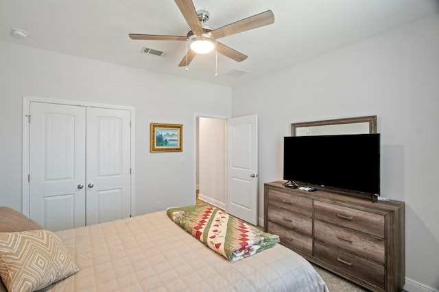 bedroom with ceiling fan and a closet