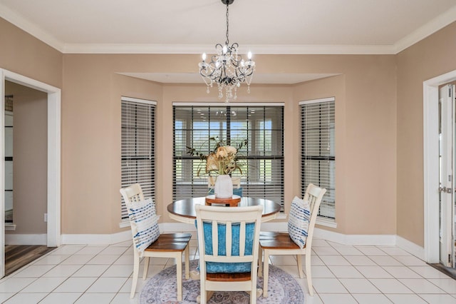 tiled dining area with ornamental molding and a chandelier