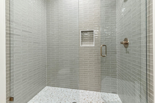 bathroom with a shower with shower door