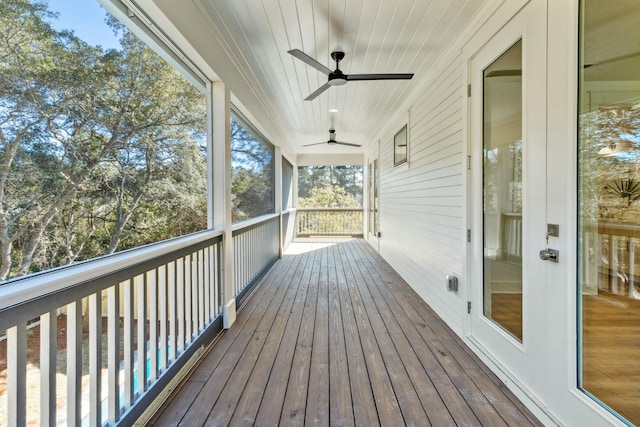 unfurnished sunroom featuring wooden ceiling and ceiling fan