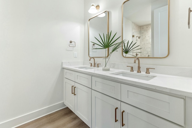 bathroom featuring vanity, a shower, and hardwood / wood-style floors