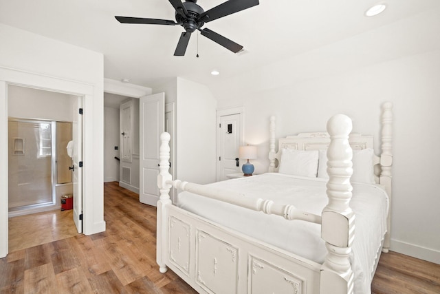 bedroom featuring ceiling fan and light hardwood / wood-style floors